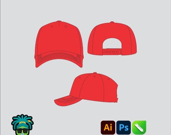 Maqueta de gorra con visera curva y cierre a presión, paquete de tecnología 2D editable, ropa de calle, plantilla vectorial, archivos Adobe Illustrator, PNG, SVG, PDF, CDR