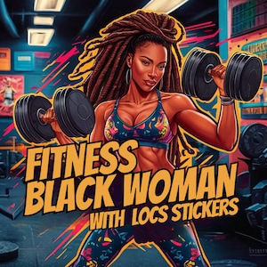 Puede incluir: Una ilustración digital de una mujer negra con rastas levantando pesas en un gimnasio. El texto "Fitness Black Woman with Locs Stickers" está en primer plano.