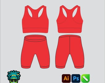Maqueta de conjunto de gimnasio para damas, paquete de tecnología Mbl 2D editable, plantilla vectorial de ropa urbana, corte ancho, archivos Adobe Illustrator, PNG, SVG, PDF, CDR