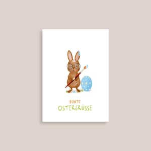 Postkarte Ostern Osterkarte "Bunte Ostergrüße" Osterhase Kinder Aquarell Watercolour Osterkörbchen Osternest Geschenk Ostergeschenk Jubeltag