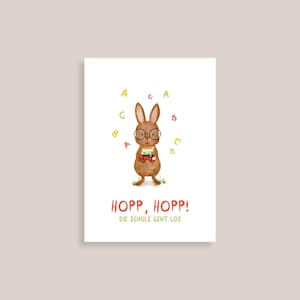 Postkarte "Hopp Hopp! Die Schule geht los" Karte Geschenk Einschulung erster Schultag Erstklässler Abschied Kita Schulkind Hase Jubeltag