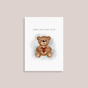 Postkarte "Hurra, endlich bist du da" Geburt Teddybär Herz Baby Aquarell Watercolour Jubeltag