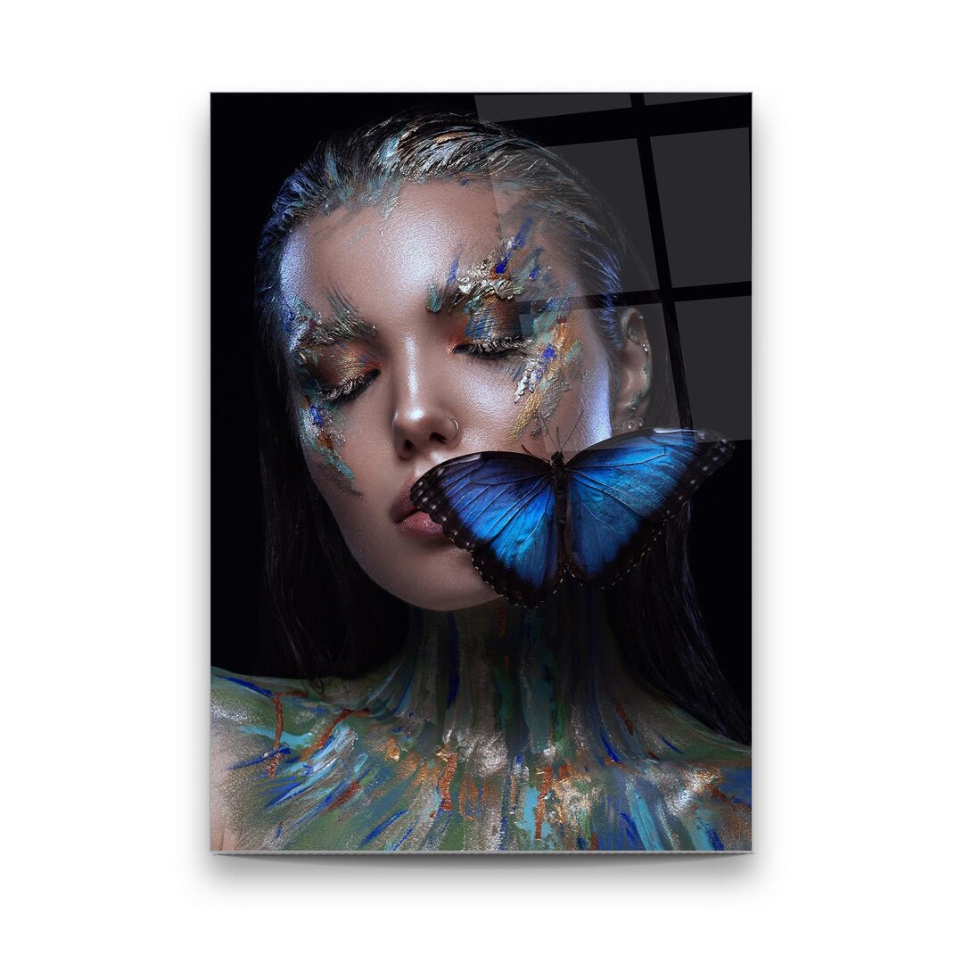 Blue Butterfly Glass Wall Art Butterfly Lady Glass Printing Blue Wall