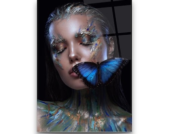 Blue Butterfly Glass Wall Art Butterfly Lady Glass Printing Blue Wall Art Tempered Glass For Living Room Wall Art Hanging Home Decor