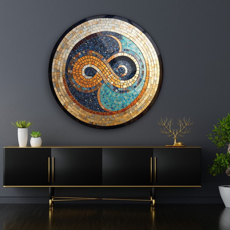 Infinity Symbol Round Ancient Mosaic Modern Art Round Glass Wall Art Home Decoration infinity Interior Design Wall Hangings image 2
