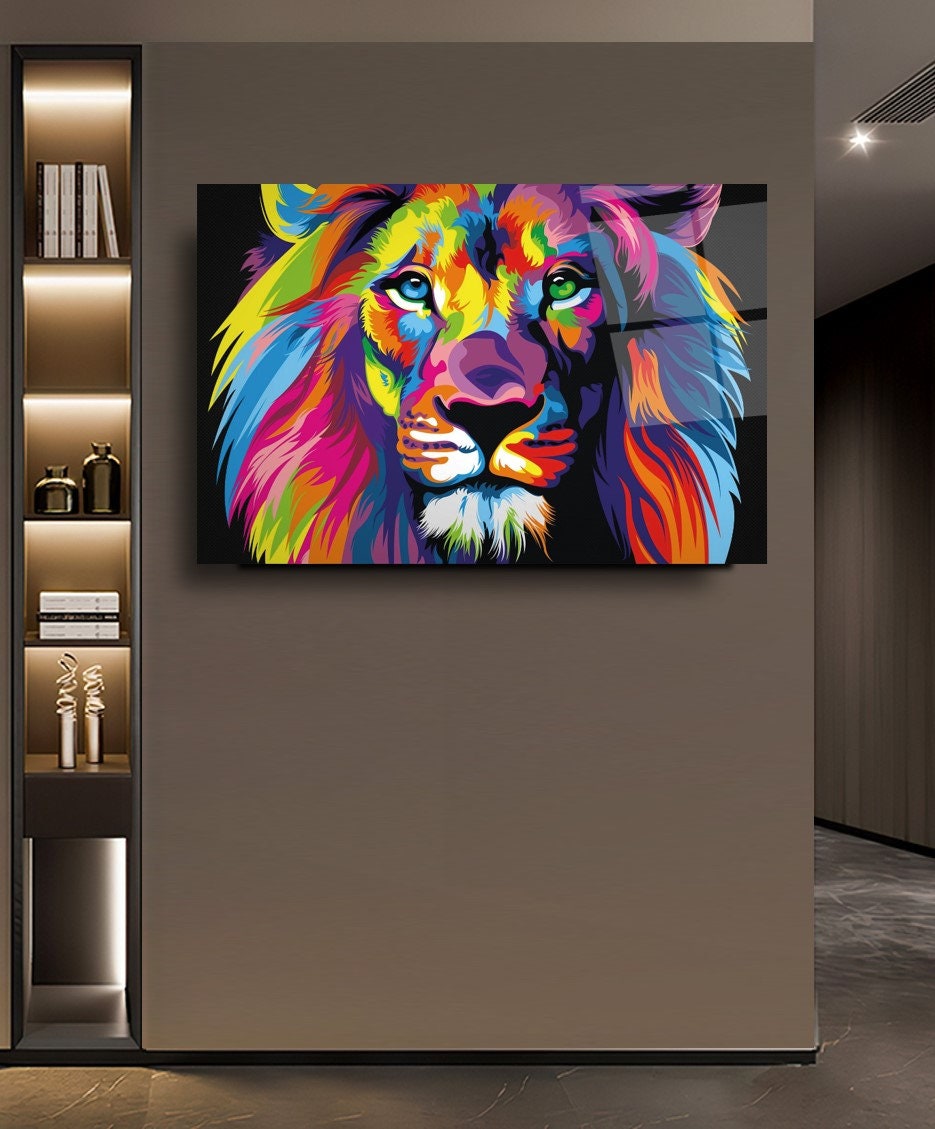 Colorful Modern Lion Glass Printing Wall Art Glass Colored Lion Wall