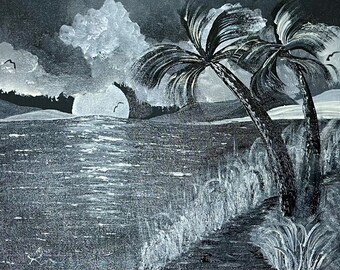 Moonlit Beach Painting, Black and White Coastal Wall Art, Original Acrylic Seascape, Palm Tree Beach Decor, 11x14 Canvas Board Art