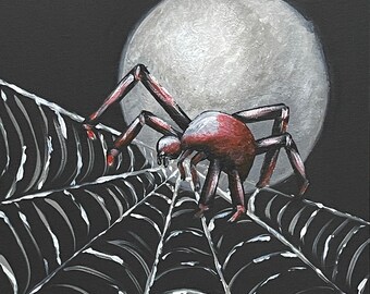 Moonlit Stroll Spider Painting, Original Acrylic Moon Wall Art, Spider Web Canvas Board Art, 11x14 Dark Nature Painting