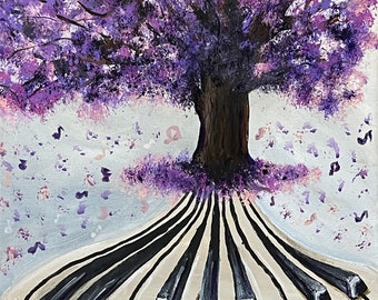 The Sound of Spring Painting, Original Acrylic Music Wall Art, Purple Tree Piano Canvas, 16x20 Stretched Canvas Art