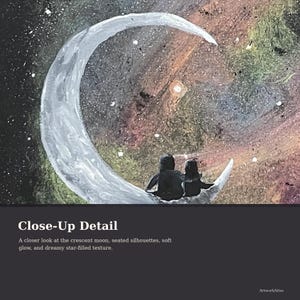 May include: A painting of a crescent moon with two seated silhouettes. The background is a colorful, starry night sky. The image has a dreamy, soft glow and a textured appearance. The text "Close-Up Detail" is at the bottom.