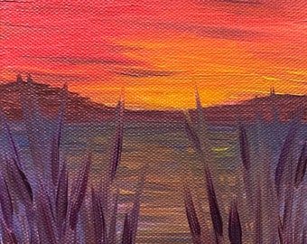 Serenity Sunset Painting, Small Original Acrylic Landscape Art, 5x7 Canvas Board Painting, Warm Sunset Wall Decor