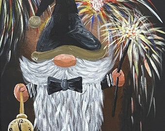 Happy New Year Acrylic Painting, Original Gnome Wall Art, New Years Eve Canvas Painting, Festive Holiday Wall Decor, 16x20 Artwork