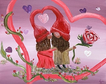 Gnome One but You Acrylic Painting, Original Valentine Gnome Wall Art, Romantic Gnome Canvas Painting, 16x20 Unframed Artwork