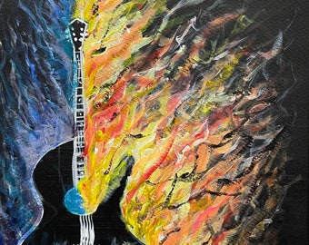 Flaming Guitar Acrylic Painting, Original Music Wall Art, Abstract Guitar Art, Rock Music Decor, 11x14 Unframed Artwork