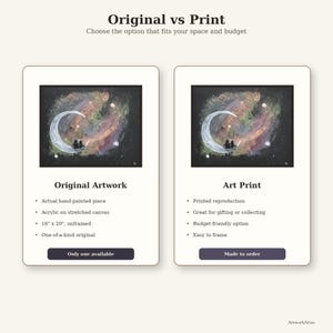 May include: An image comparing an original artwork and an art print. The original artwork is hand-painted on a 16" x 20" canvas, while the art print is a printed reproduction. Both feature a couple on a crescent moon against a starry background.