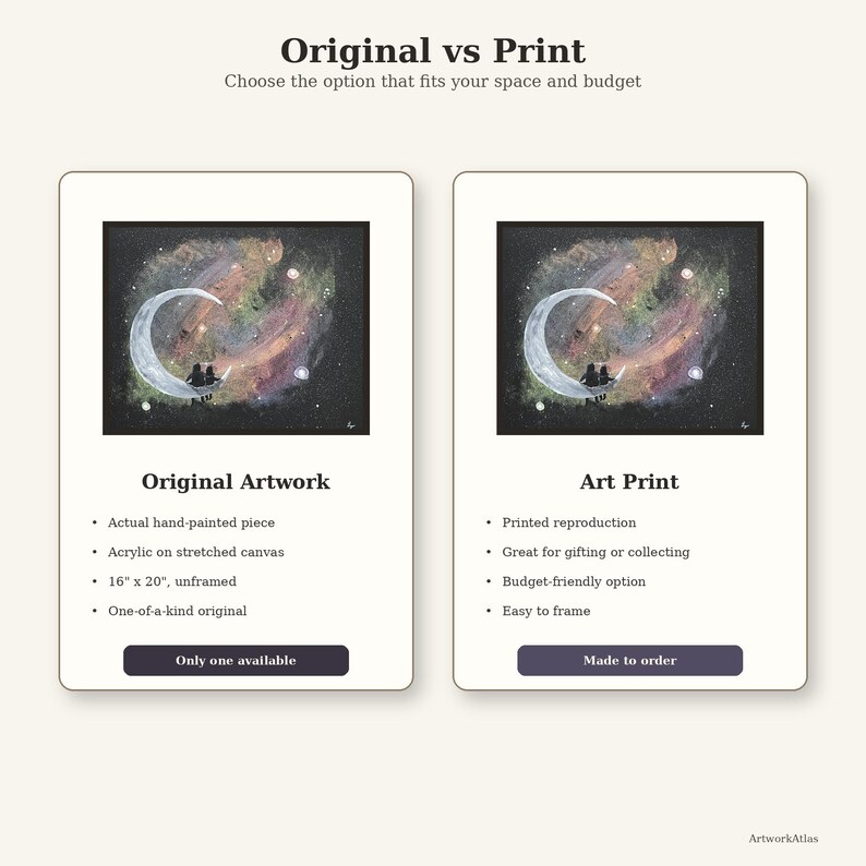 May include: An image comparing an original artwork and an art print. The original artwork is hand-painted on a 16" x 20" canvas, while the art print is a printed reproduction. Both feature a couple on a crescent moon against a starry background.