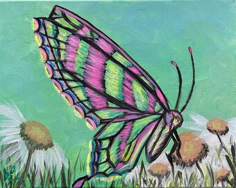 Neon Flight Butterfly Painting, Original Acrylic Butterfly Wall Art, Colorful Nature Canvas, 11x14 Stretched Canvas Painting