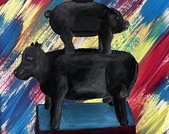 Barnyard Balance Print, Whimsical Farm Animal Wall Art, Cow Pig Rooster Artwork, Colorful Farmhouse Decor, Country Kitchen Print