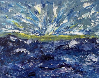 Breaking Forth Original Abstract Acrylic Painting, 11x14 Artwork on Paper, Blue Ocean Inspired Wall Art, Contemporary Fine Art