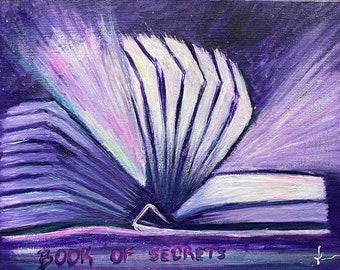 Book of Secrets Acrylic Painting, Original Book Wall Art, Purple Literary Art, Mystical Canvas Board Painting, 12x9 Unframed Artwork