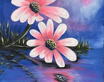 River Daisies, Handmade Acrylic Painting, 16"x20" Stretched Canvas Artwork