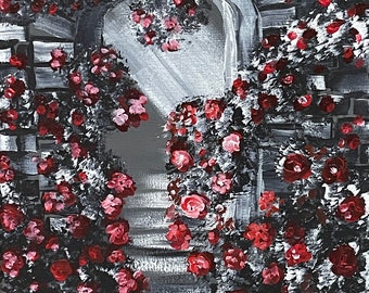 Abundance Floral Arch Painting, Original Acrylic Garden Wall Art, Red Rose Stone Steps Canvas, 11x14 Stretched Canvas Art