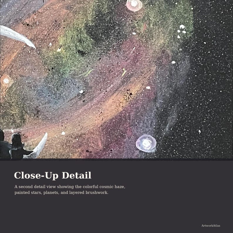 May include: Close-Up Detail of a colorful cosmic painting with painted stars, planets, and layered brushwork. The image shows a second detail view of the artwork. The text "ArtworkAtlas" is in the bottom right corner.