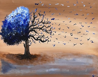 Becoming – Tree Transformation Art Print, Blue Tree Wall Art, Spiritual Growth Artwork, Nature Abstract Painting Print, Rustic Neutral Decor