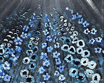 Blue Haze Floral Painting, Original Acrylic Blue Flower Wall Art, Moody Botanical Canvas, 11x14 Stretched Canvas Art