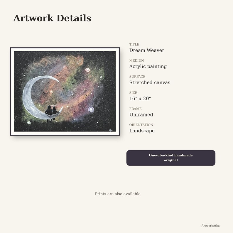 May include: An acrylic painting titled "Dream Weaver" on stretched canvas, 16 x 20 inches. The artwork depicts a crescent moon with two figures silhouetted against a colorful nebula and starry background. The painting is unframed.
