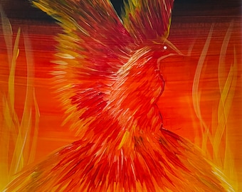 Rising Phoenix Acrylic Painting, Original Fire Bird Wall Art, Phoenix Canvas Board Painting, Orange Red Bird Art, 11x14 Unframed Artwork