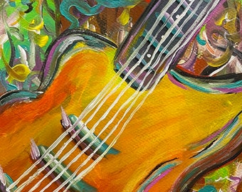 Let’s Rock Guitar Painting, Original Acrylic Wall Art, Colorful Music Room Decor, Guitar Artwork, 11x14 Unframed Acrylic Paper Art