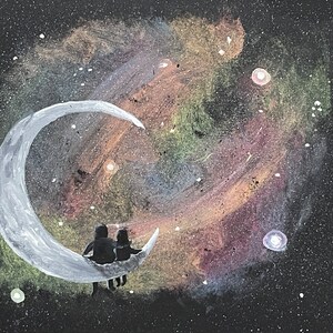 May include: A painting of a couple silhouetted on a crescent moon, gazing at a colorful nebula. The artwork features a dark starry background with white speckles, and a vibrant, multi-colored nebula. The moon is painted in shades of gray.