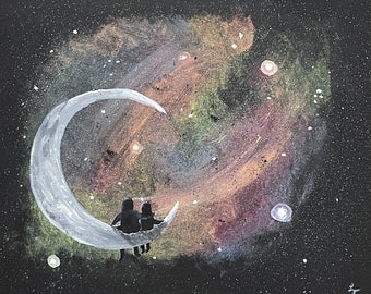 Dream Weaver Moon Painting, Original Acrylic Celestial Wall Art, Crescent Moon Canvas, 16x20 Stretched Canvas Art