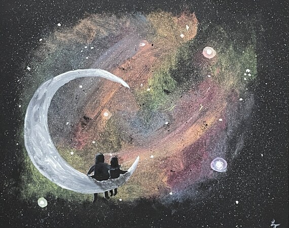 Dream Weaver Moon Painting, Original Acrylic Celestial Wall Art, Crescent Moon Canvas, 16x20 Stretched Canvas Art