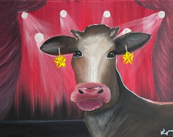 Hollywood Heifer Acrylic Painting, Original Cow Wall Art, Whimsical Farmhouse Canvas Painting, Pink Cow Art, 11x14 Unframed Artwork