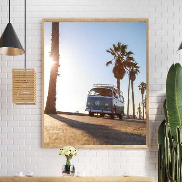 Camper Van Printable, Vintage Bus Poster, Beach Surf Spot, Beach Photography, Palm Trees, Sunset Photo