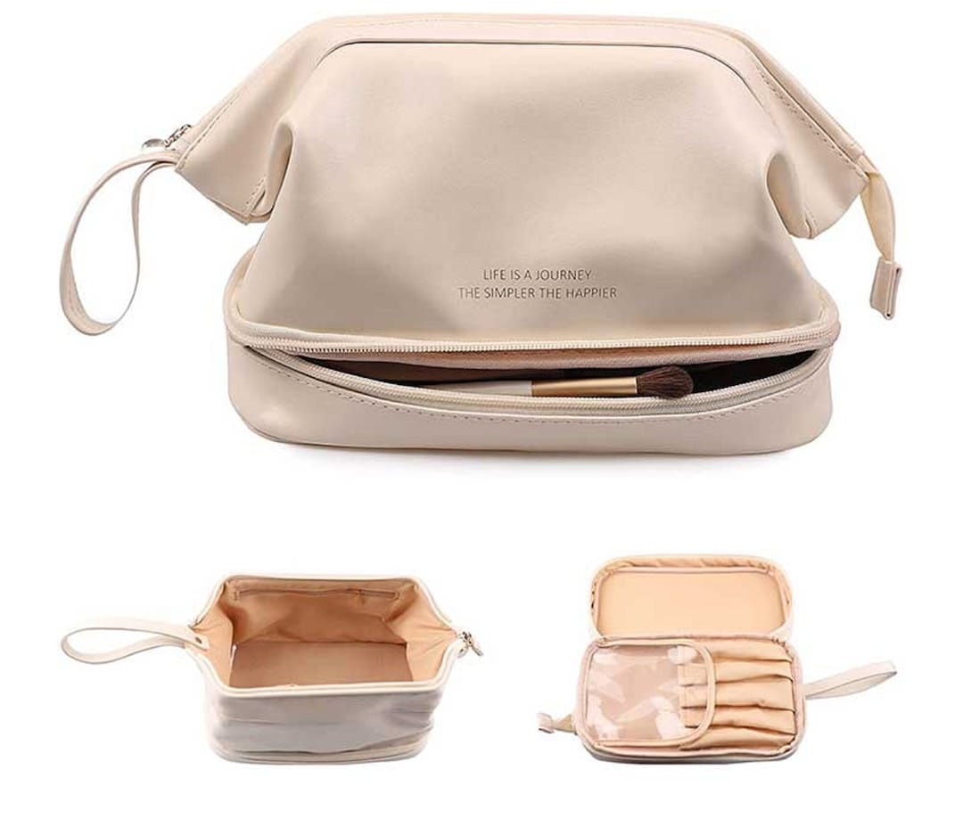 Weekender Cosmetic Bag Large Double Layer Makeup Bag Leather Etsy