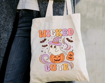 Wicked Cute Ghost Heavy Duty Cotton Tote Bag, Halloween Ghost Shoulder Bag, Pumpkin Reusable Tote Bag, Unisex Canvas Tote Bag, College Bag
