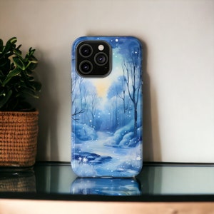 Winter Scenery Tough Case, Snowy Tree Phone Case, Blue Christmas Aesthetic Phone Cover, Fit for iPhone 15, 14, 13, 12, 11, Samsung Cases