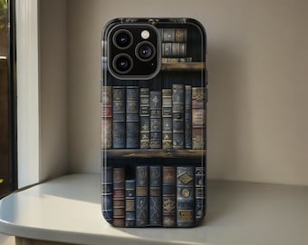 May include: A black phone case with a bookshelf design featuring rows of vintage books with gold lettering. The case has a camera cutout with three lenses.