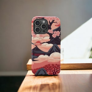 Japanese Art Tough Case, Sakura Cherry Blossom Phone Case, Pink Aesthetic Phone Cover, Fit for iPhone 15, 14, 13, 12, 11, Samsung Cases