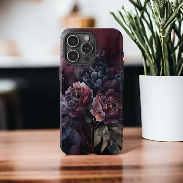 Dark Gothic Flowers Watercolor Tough Phone Case, Floral Phone Cover, Impact Resistant / iPhone 15, 14, 13, 12, 11, Samsung Cases, MagSafe