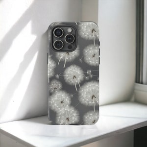 Dandelions Tough Phone Case, Floral Phone Cover, Gray Flowers Trendy Phone Case, Impact Resistant / For iPhone 15, 14, 13, 12, 11, Samsung