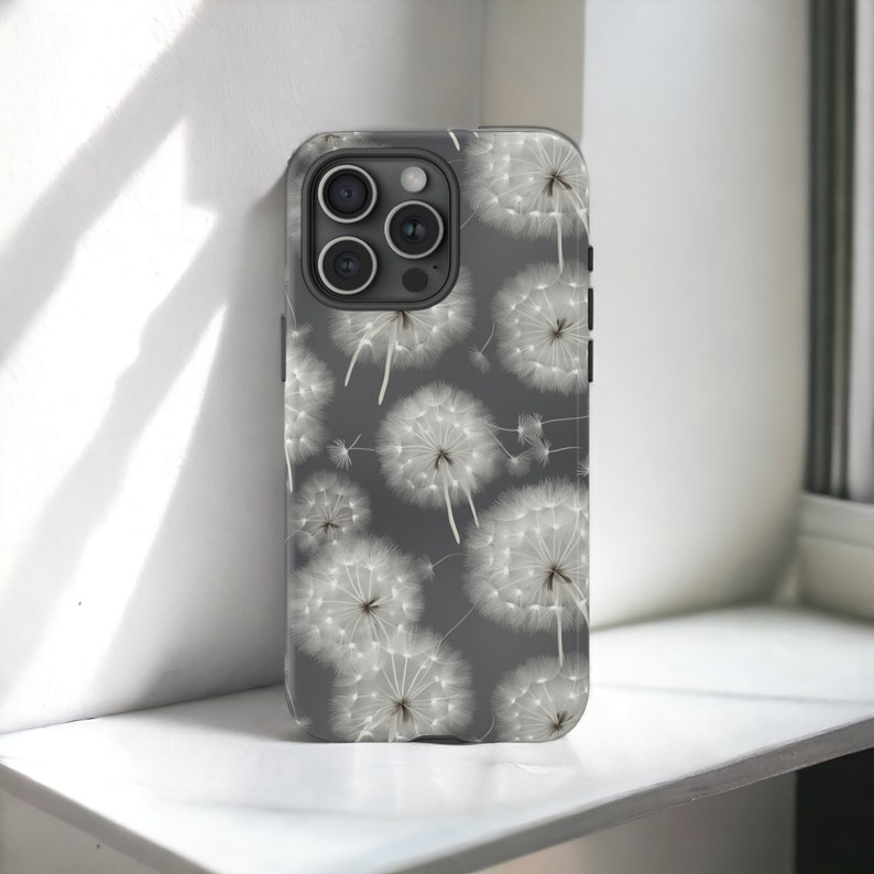 Dandelions Tough Phone Case, Floral Phone Cover, Gray Flowers Trendy Phone Case, Impact Resistant / For iPhone 15, 14, 13, 12, 11, Samsung