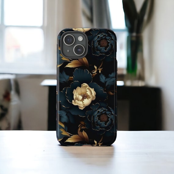 Gothic Black Gold Flowers Tough Phone Case, Floral Phone Cover, Luxury Phone Case, Dark Flower / iPhone 15, 14, 13, 12, 11, Samsung, MagSafe