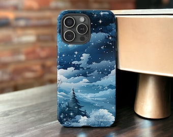 May include: A blue and white phone case with a wintery scene of a snowy forest and a starry night sky.