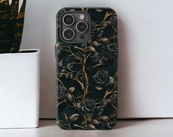 Gothic Black Roses MagSafe Phone Case, Victorian Botanical Floral Phone Cover, Macabre Dark Academia Floral Case / iPhone 16, 15, 14, 13