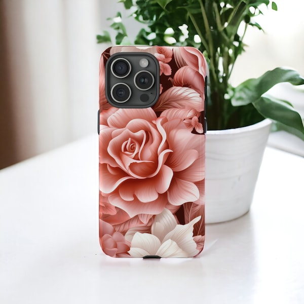 3D Pink Roses Tough Phone Case, Floral Phone Cover, Flowers Phone Case, Impact Resistant / iPhone 15, 14, 13, 12, 11, Samsung Cases, MagSafe