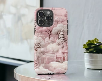 Pink Winter Forest Tough Case, Snowy Tree Phone Case, Christmas Forest Scenery Phone Cover / iPhone 16, 15, 14, 13, 12, 11, Samsung, MagSafe